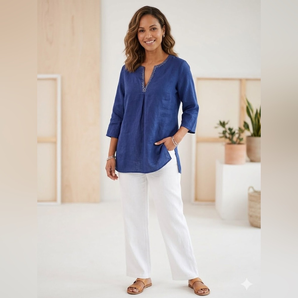 Eileen Fisher 100% Irish Linen Beaded/Sequin V- Neck Tunic Top